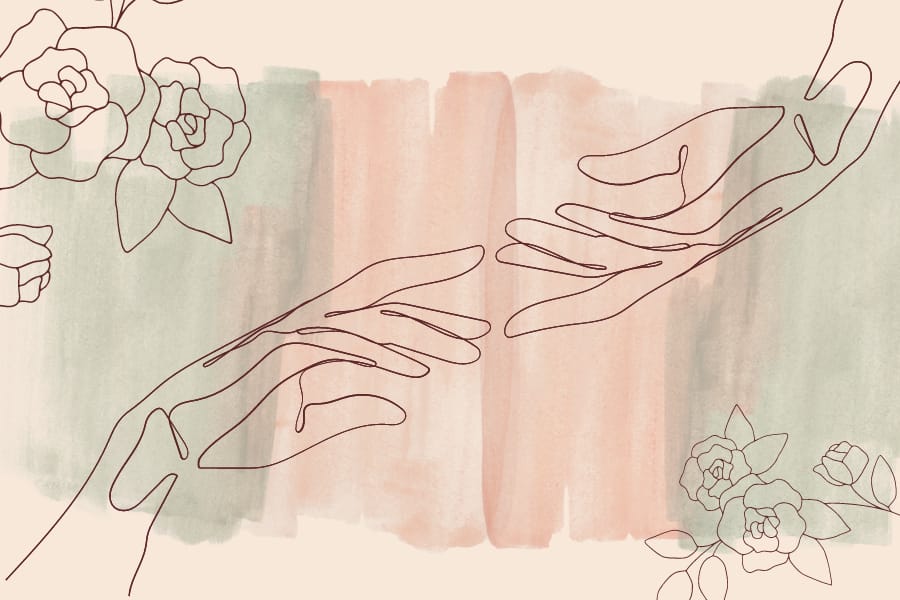 2 drawn hands reaching out to each other with roses on the corners